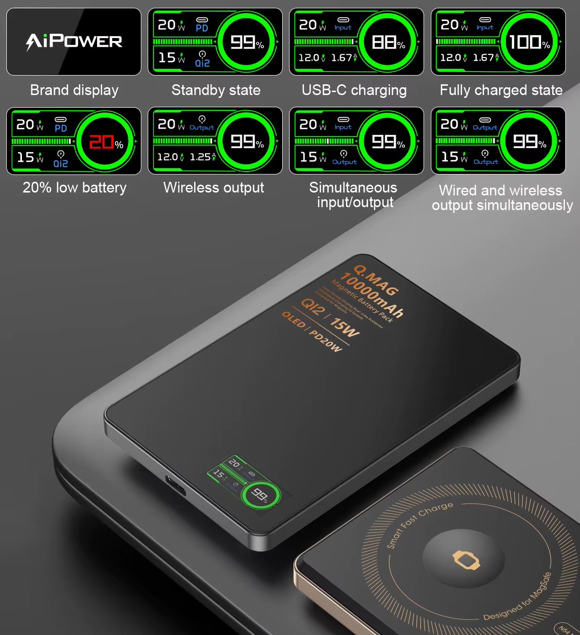 3-in-1 Magnetic Power Bank with LCD Display – 15W Wireless Fast Charging for iPhone 12–17 Pro, Apple Watch & AirPods