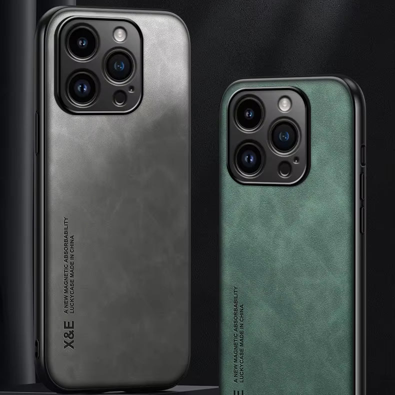 Luxury Leather Magnetic Car-Mount Case — Premium Leather + TPU Hybrid Protection for iPhone